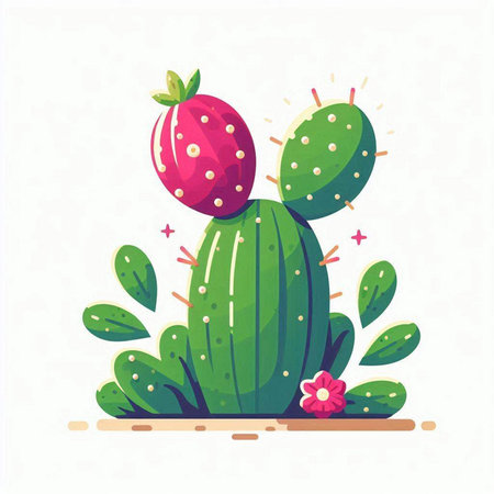 Cactus with flowers and leaves. Vector illustration in flat style.のイラスト素材