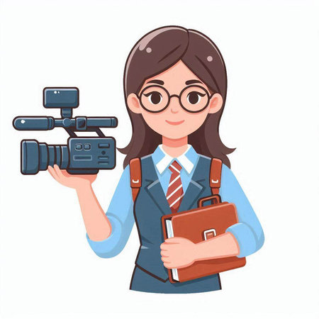 Vector illustration of a young woman holding a camera and a notebook.のイラスト素材