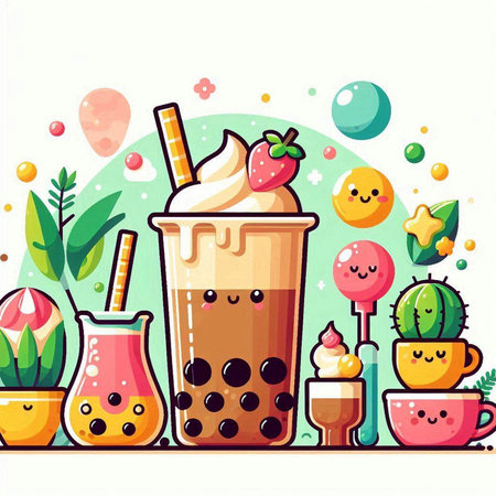 Cute illustration of bubble tea with ice cream. Vector illustration.のイラスト素材