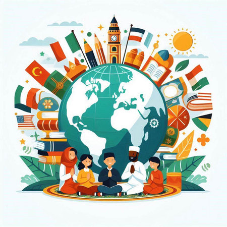 Vector illustration of people around the world. The concept of international education.のイラスト素材