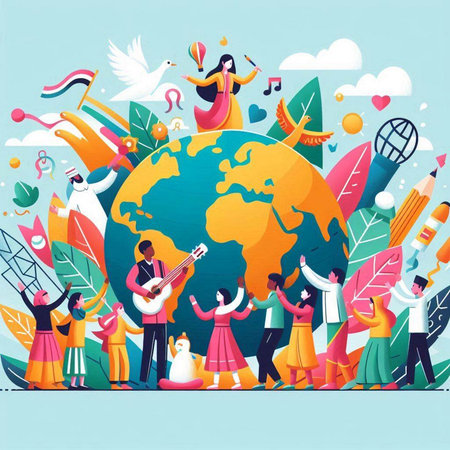 Vector illustration of people around the planet. International music festival concept.のイラスト素材