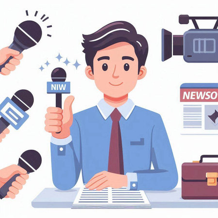 Journalist with microphone and news. Vector illustration in cartoon style.のイラスト素材