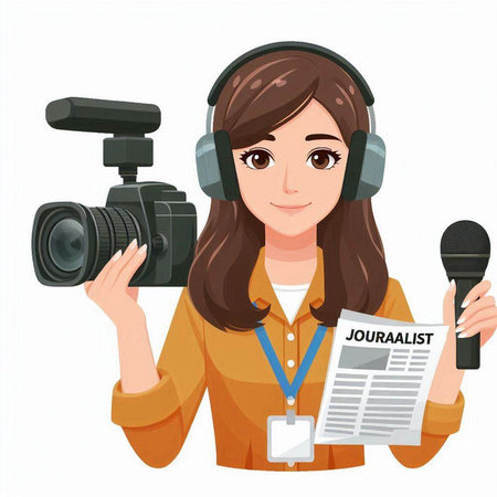 Female journalist with microphone and newspaper. Vector illustration in cartoon style.のイラスト素材