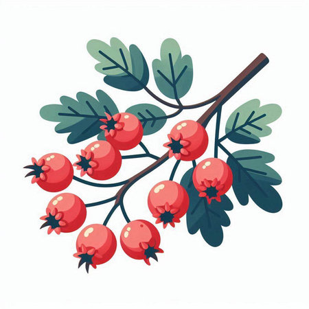 Hawthorn branch with berries. Vector illustration isolated on white background.のイラスト素材