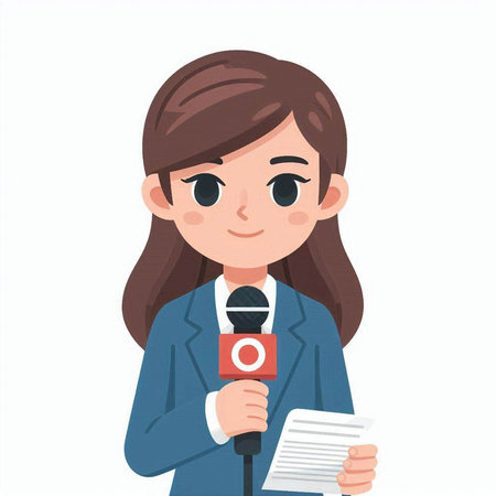 Female reporter with microphone and report. Vector illustration in cartoon style.のイラスト素材