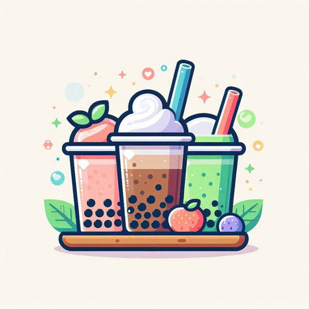 Milkshake with ice cream, fruit and berries. Vector illustration.のイラスト素材