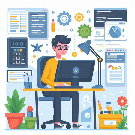 Man sitting at desk and working on computer. Freelance, remote work. Vector illustration in flat styleのイラスト素材