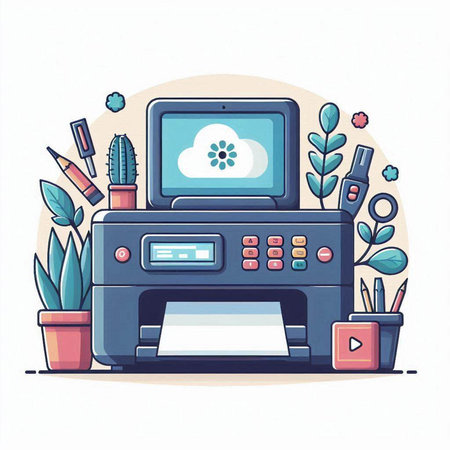 Colorful flat vector illustration of office desktop with printer, computer, stationery and plants.のイラスト素材