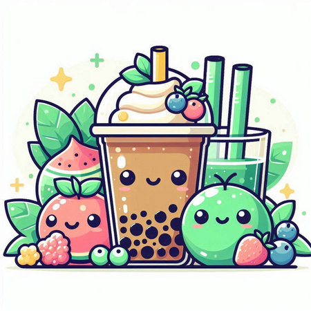 Funny cartoon bubble tea with fruits. Vector illustration for your designのイラスト素材
