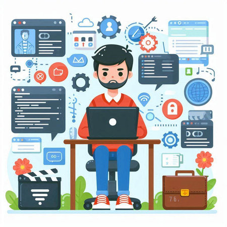 Flat design vector illustration concept for web banners and promotional materials. Cartoon character of a man working on a laptop, sitting at a desk in front of a laptop.のイラスト素材
