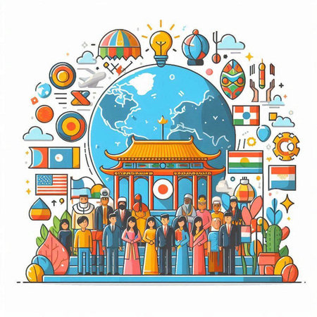 Travel around the world concept. Group of people standing in front of the famous landmark. Vector illustrationのイラスト素材