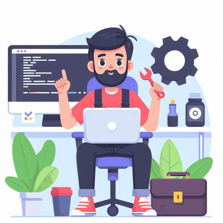 Vector illustration of programmer working on computer in office. Flat style design.のイラスト素材