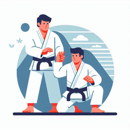 Martial arts training. Man in kimono with black belt. Vector illustration in flat styleのイラスト素材