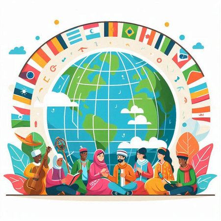 Vector illustration of Indian people sitting around the globe. Flat style design.のイラスト素材