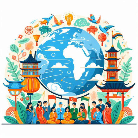 Happy Chinese New Year background with people around the globe. Vector illustrationのイラスト素材