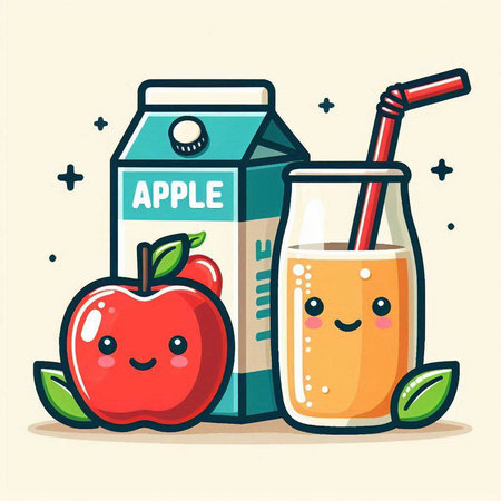 Cute apple and juice. Vector illustration in flat cartoon style.のイラスト素材
