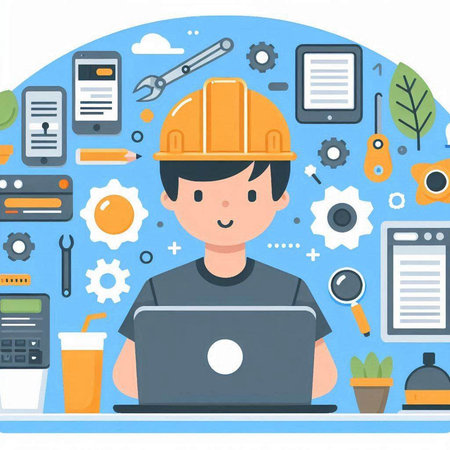 Engineer with laptop and tools. Flat design. Vector illustration.のイラスト素材
