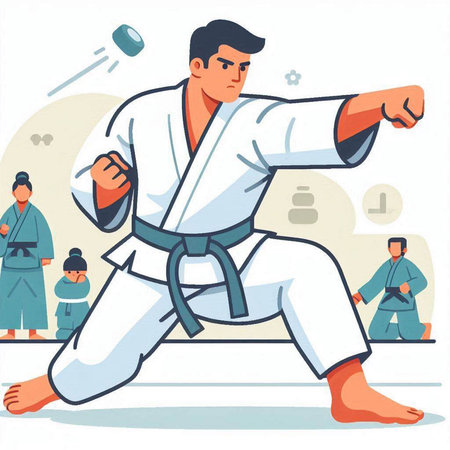 Man in kimono training taekwondo vector illustration.のイラスト素材