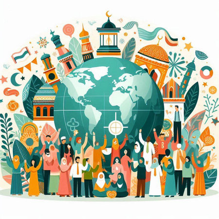 Muslim people around the globe. Vector illustration in flat cartoon style.のイラスト素材