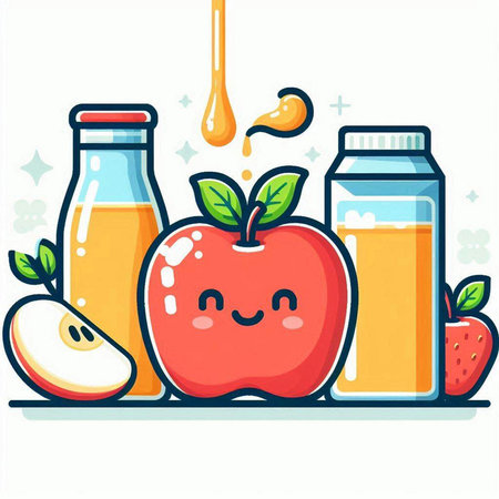 Illustration of a Cute Smiling Apple with Fruits and Juice Bottlesのイラスト素材