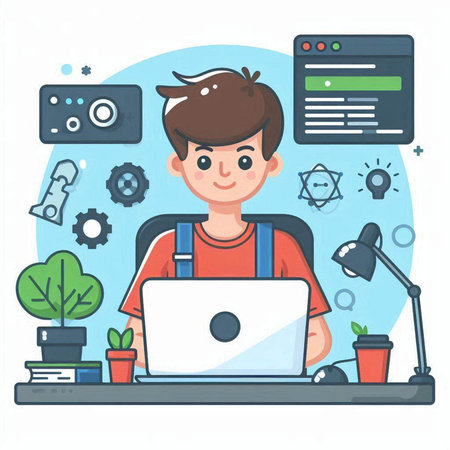 Vector illustration of a boy working on a laptop in the office.のイラスト素材