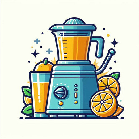 Vector illustration of juicer with fresh orange juice in cartoon style.のイラスト素材