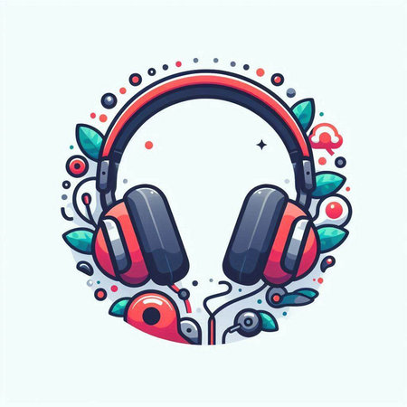 Colorful vector illustration of headphones and leaves on white background. Flat style.のイラスト素材