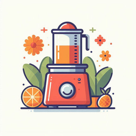 Juicer with oranges and flowers. Vector illustration in flat style.のイラスト素材