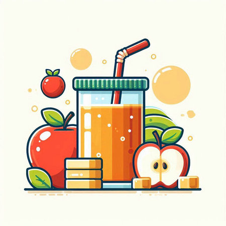Apple juice in glass with straw and apples, flat vector illustration.のイラスト素材