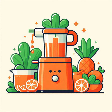 Vector illustration of Juicer with fruit and vegetables in flat style.のイラスト素材