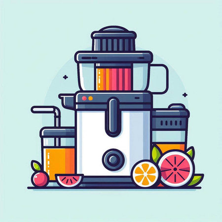 Modern flat line design vector illustration of juicer and fresh fruits.のイラスト素材