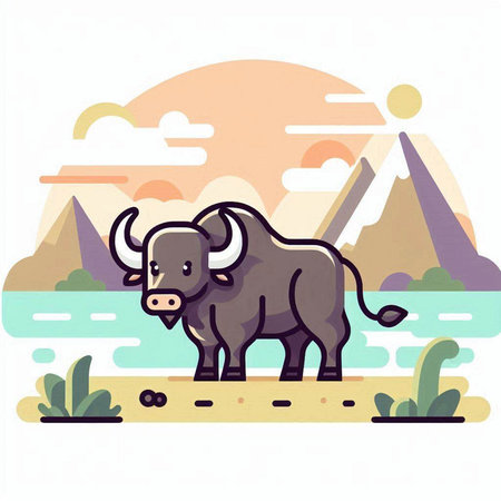 Vector illustration of a buffalo on the background of mountains and river.のイラスト素材