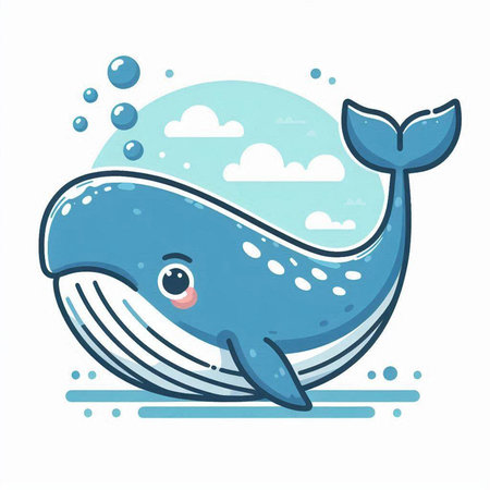 Cute cartoon blue whale swimming in the sea. Vector illustration.のイラスト素材