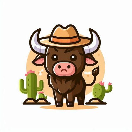 Cute cow with cowboy hat and cacti. Vector illustration.のイラスト素材