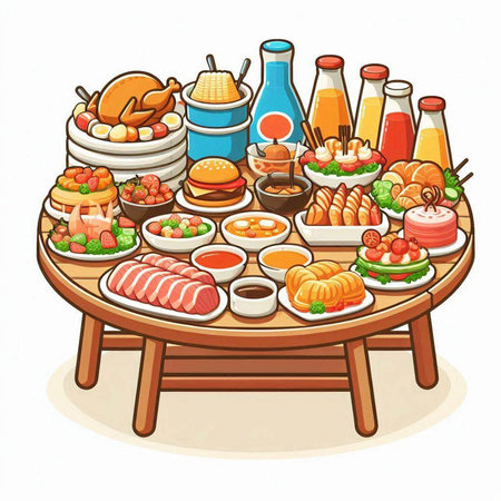 Illustration of a wooden table with a lot of food on itのイラスト素材