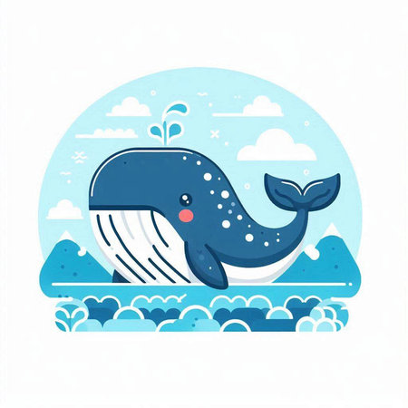 Cute whale in the sea. Vector illustration in flat style.のイラスト素材