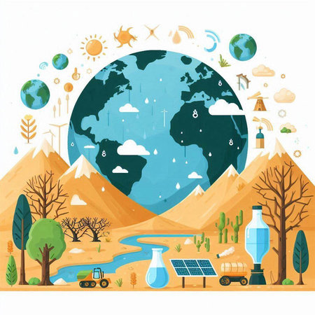 Vector illustration of a flat earth day concept with mountains, trees, sun, solar panels, windmills and other elements.のイラスト素材