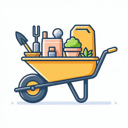 Wheelbarrow with gardening tools. Vector illustration in flat style.のイラスト素材