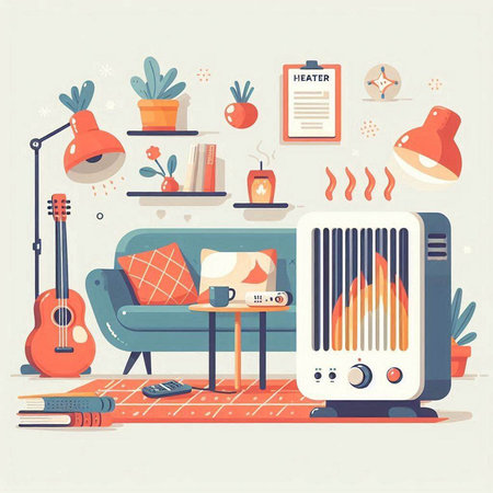 Living room interior with electric heater, sofa, books, plants and other things. Flat vector illustration.のイラスト素材