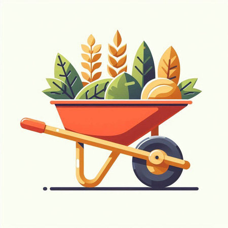 Garden wheelbarrow with plants and leaves. Vector illustration.のイラスト素材