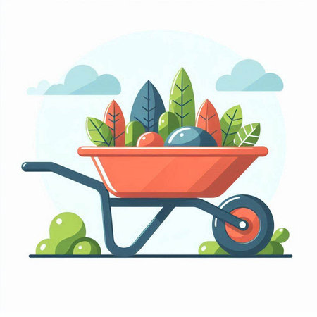 Garden wheelbarrow with vegetables. Vector illustration in flat styleのイラスト素材