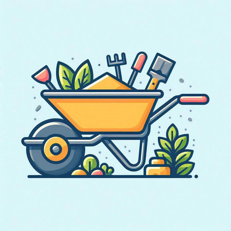 Wheelbarrow with gardening tools. Vector illustration in linear style.のイラスト素材