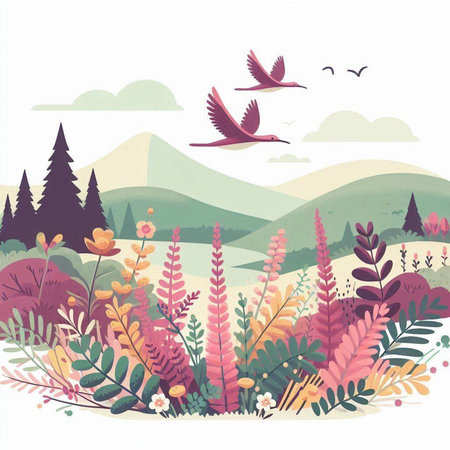 Flowers and birds on the background of mountains. Vector illustration.のイラスト素材