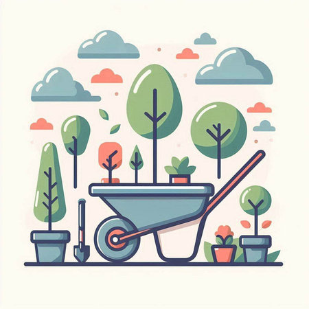 Gardening concept with wheelbarrow, trees and pots. Vector illustration.のイラスト素材