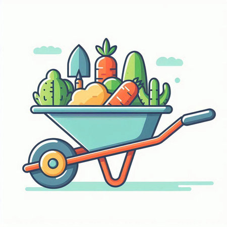 Garden wheelbarrow with vegetables. Vector illustration in flat styleのイラスト素材