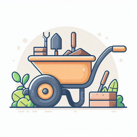 Garden wheelbarrow with tools. Flat style vector illustration.のイラスト素材