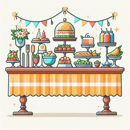 Illustration of a table with food and cakes. Vector illustration.のイラスト素材