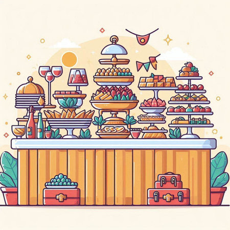 Colorful vector illustration of a buffet table with a variety of sweets, cakes and dessertsのイラスト素材