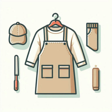 Vector illustration of apron, cap, knife and measuring tape.のイラスト素材