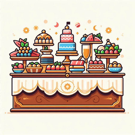 Vector illustration of a dessert bar with sweets, cakes and fruits.のイラスト素材